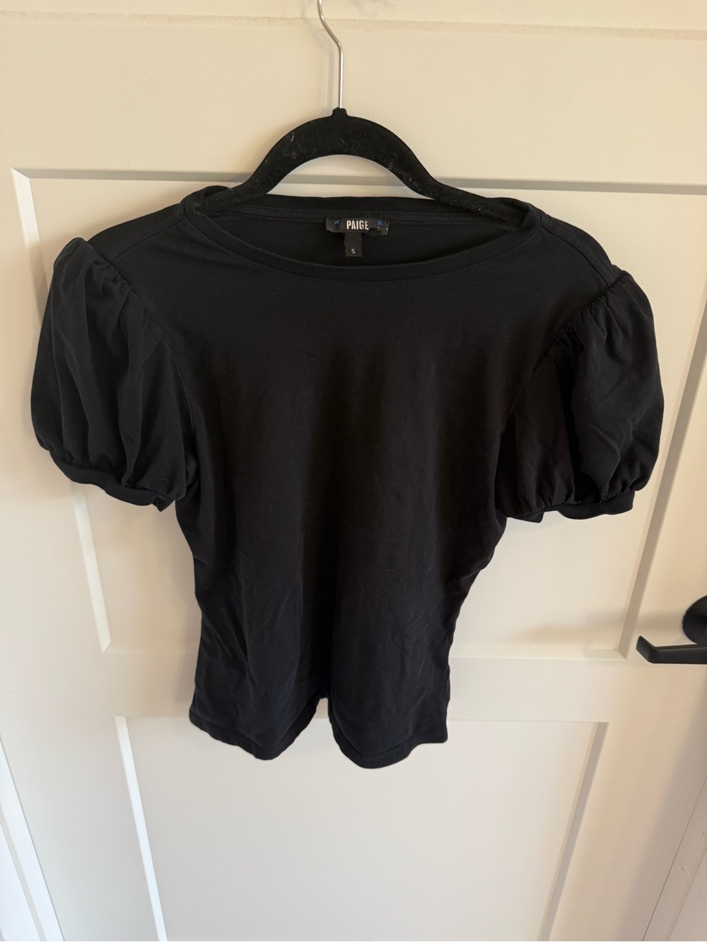 Paige Women’s Black Puff Sleeve Tee Shirt Size Small 100% Cotton Short Sleeve